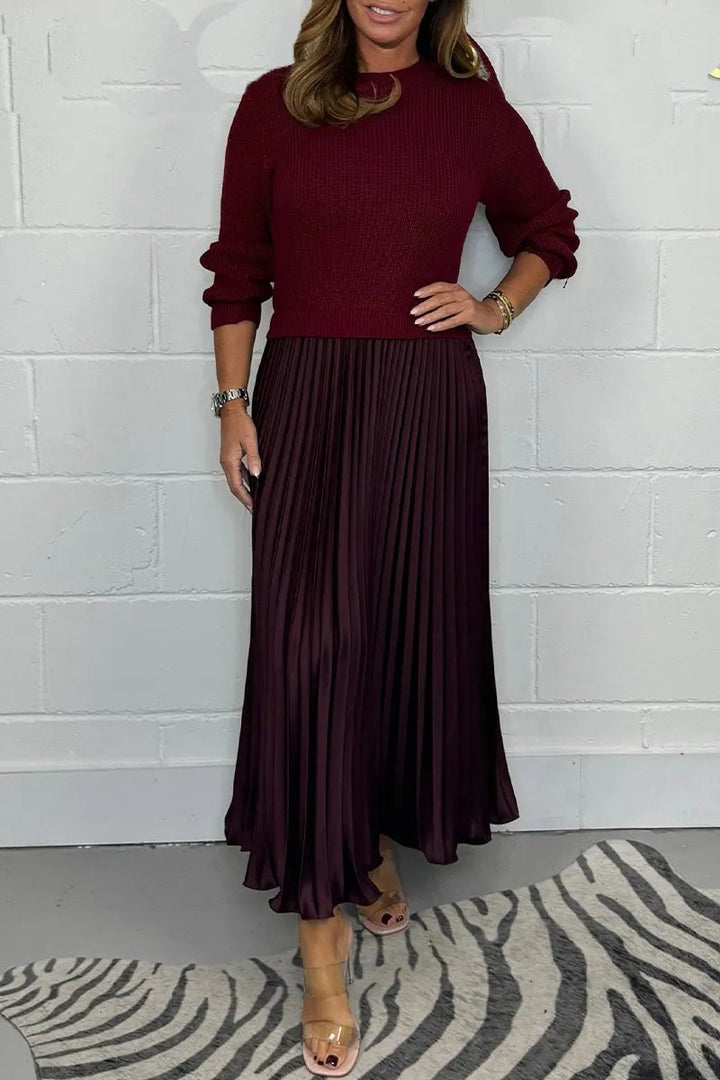 Elegant Knit Midi Dress for Women with Pleated Skirt Long Sleeve Sweater Pull On Style