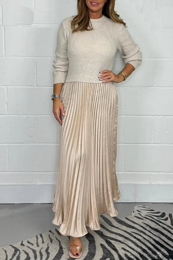 Elegant Knit Midi Dress for Women with Pleated Skirt Long Sleeve Sweater Pull On Style