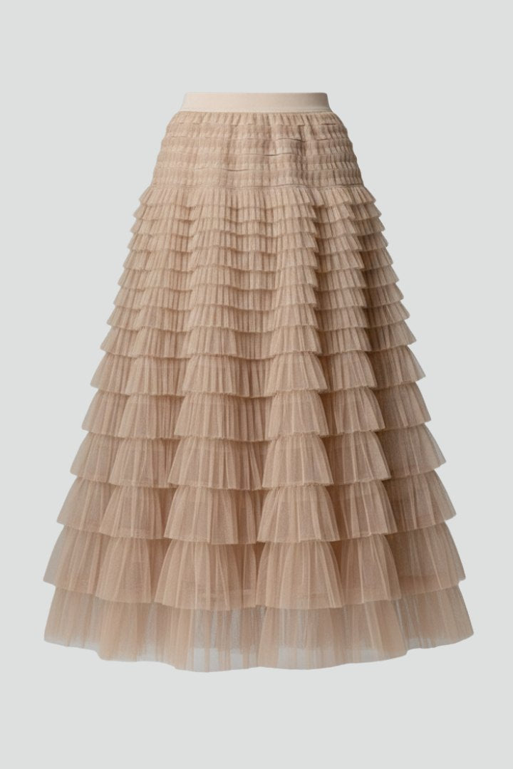 Elegant Layered Tulle Midi Skirt for Women with Elastic Waist Flowing Romantic Style