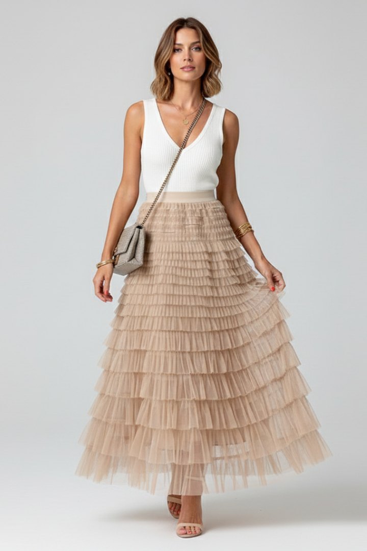 Elegant Layered Tulle Midi Skirt for Women with Elastic Waist Flowing Romantic Style