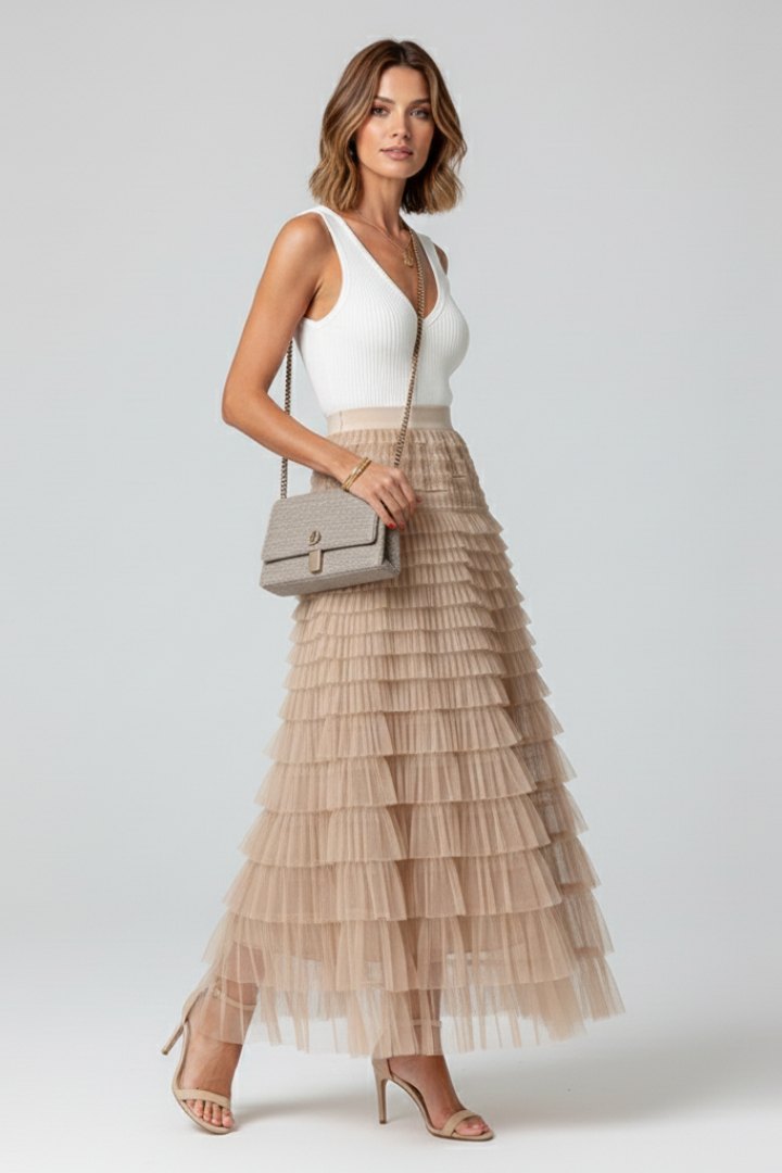 Elegant Layered Tulle Midi Skirt for Women with Elastic Waist Flowing Romantic Style