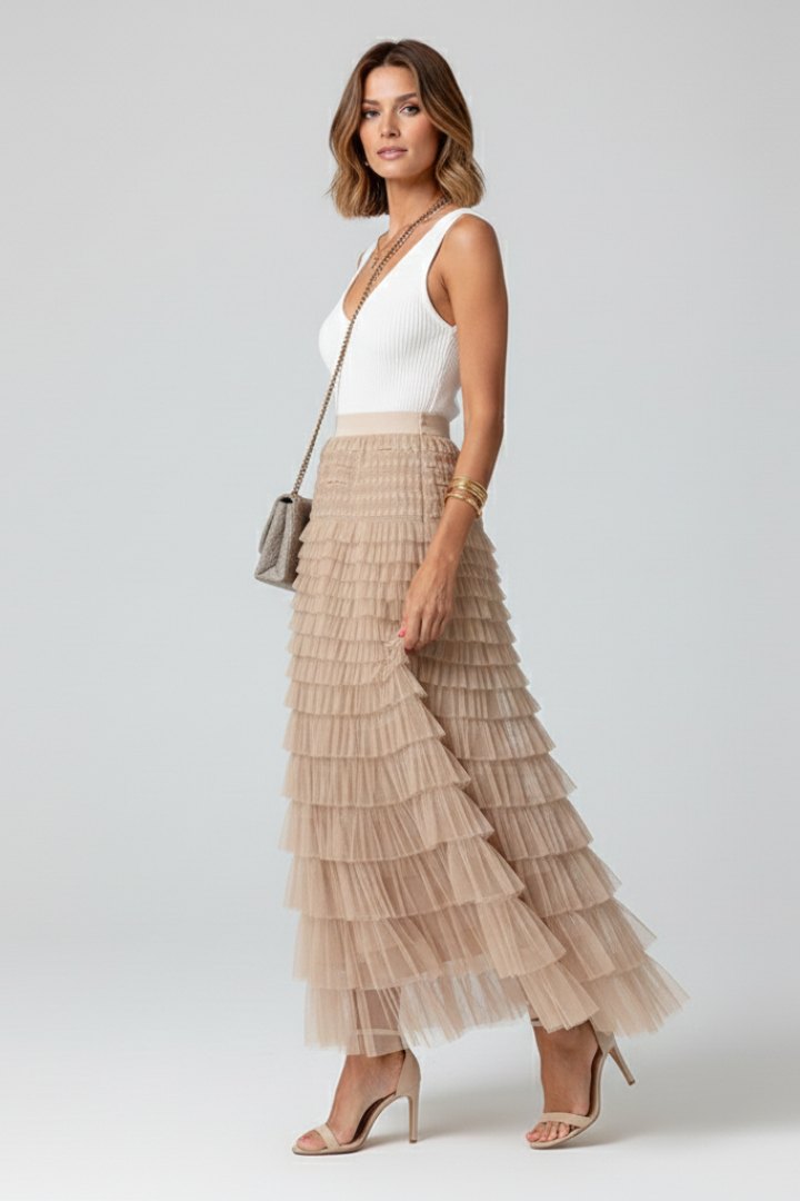 Elegant Layered Tulle Midi Skirt for Women with Elastic Waist Flowing Romantic Style