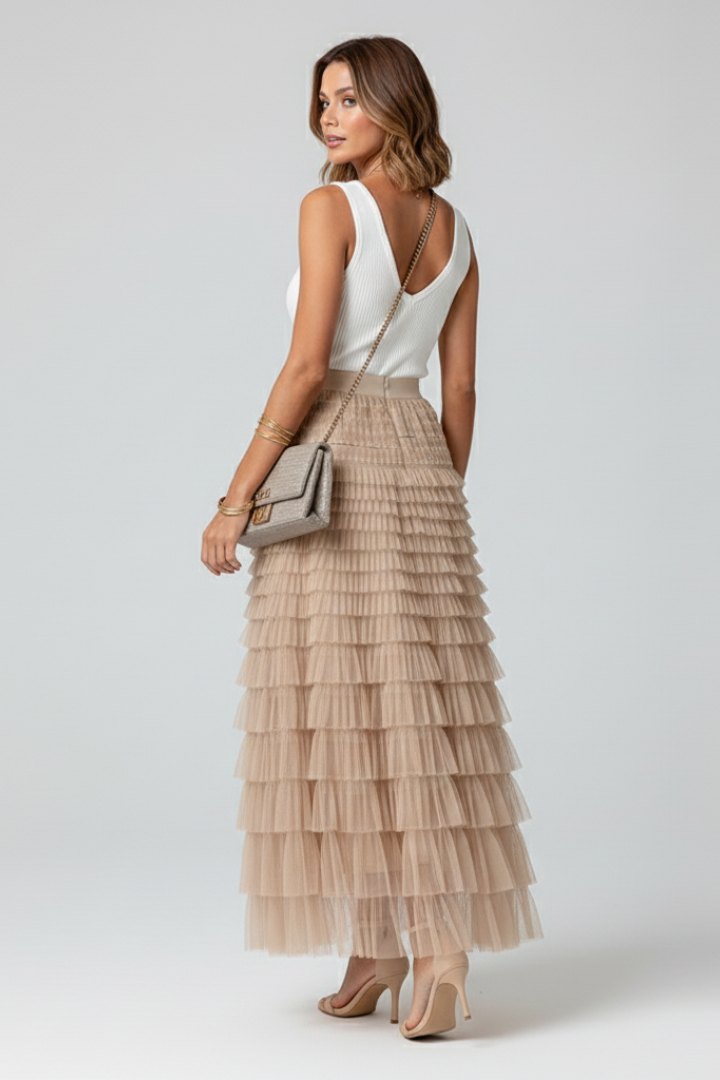 Elegant Layered Tulle Midi Skirt for Women with Elastic Waist Flowing Romantic Style