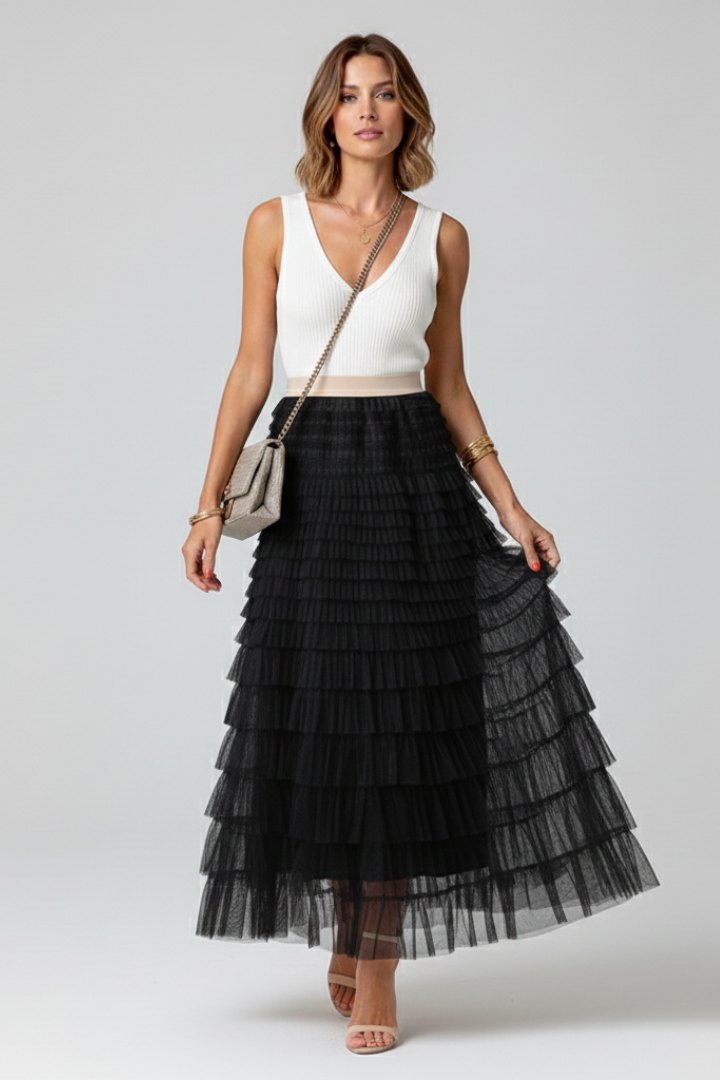 Elegant Layered Tulle Midi Skirt for Women with Elastic Waist Flowing Romantic Style