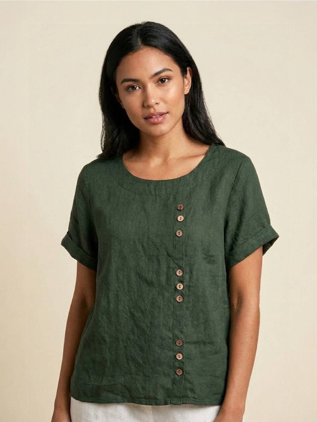 Elegant Linen Tunic Blouse for Women with Round Neck Button Detail Clean Silhouette Style