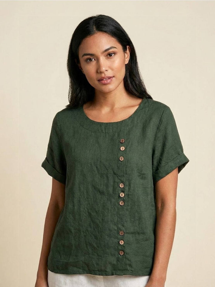 Elegant Linen Tunic Blouse for Women with Round Neck Button Detail Clean Silhouette Style