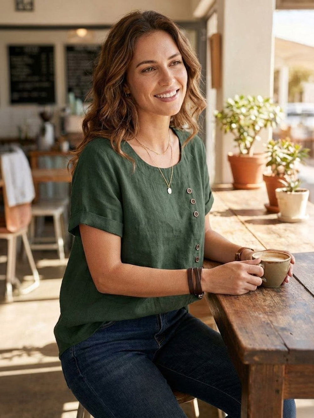 Elegant Linen Tunic Blouse for Women with Round Neck Button Detail Clean Silhouette Style