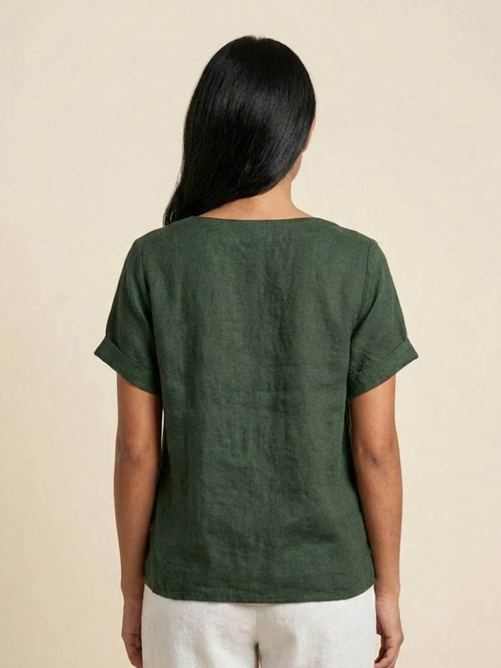 Elegant Linen Tunic Blouse for Women with Round Neck Button Detail Clean Silhouette Style