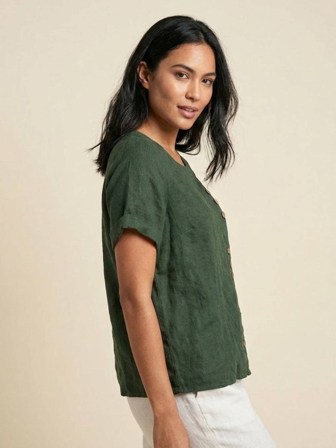 Elegant Linen Tunic Blouse for Women with Round Neck Button Detail Clean Silhouette Style