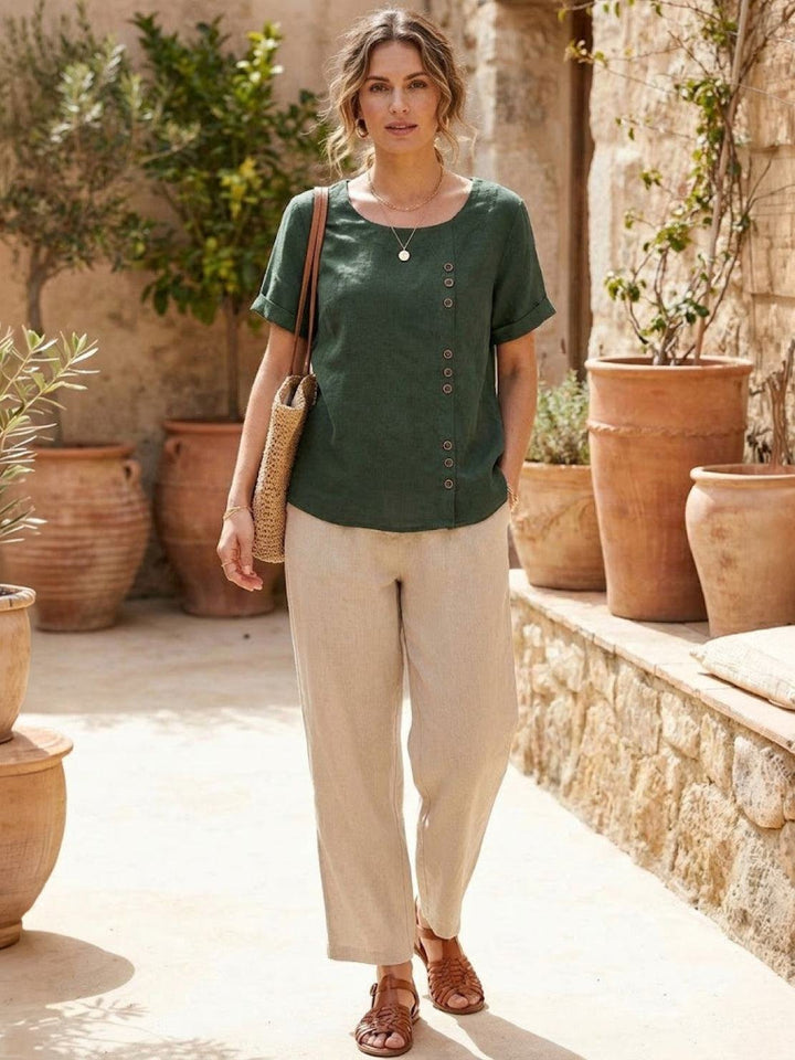 Elegant Linen Tunic Blouse for Women with Round Neck Button Detail Clean Silhouette Style