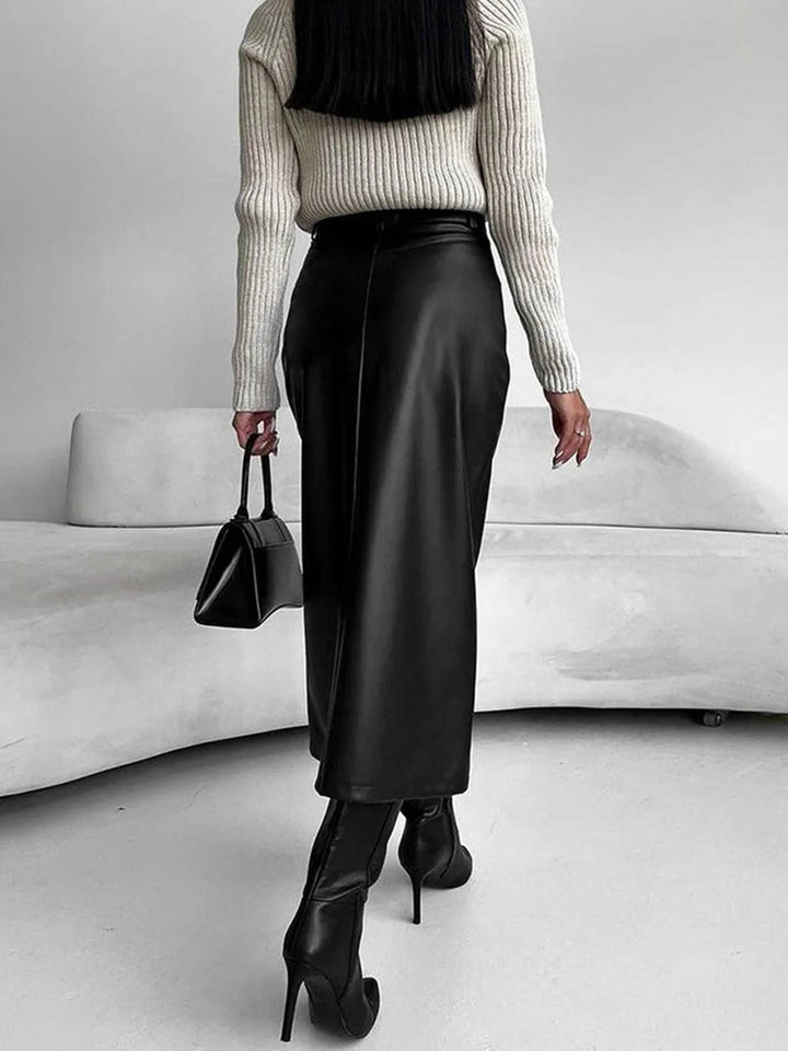 Elegant Pencil Skirt for Women with High Waist Midi Length Front Slit Straight Style
