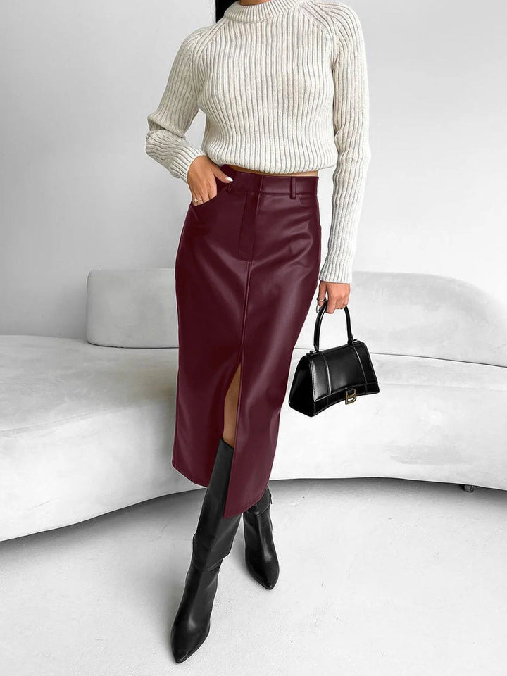 Elegant Pencil Skirt for Women with High Waist Midi Length Front Slit Straight Style