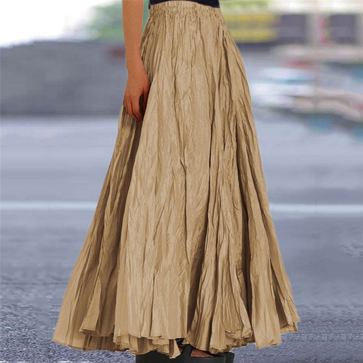 Elegant Pleated Maxi Skirt for Women with Elastic Waist A Line Flowy Floor Length Style