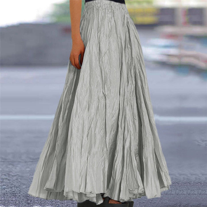 Elegant Pleated Maxi Skirt for Women with Elastic Waist A Line Flowy Floor Length Style