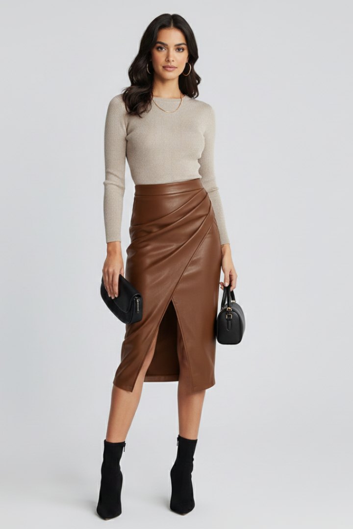 Elegant Pleated Midi Skirt for Women with Front Split High Waist Sleek Tailored Style