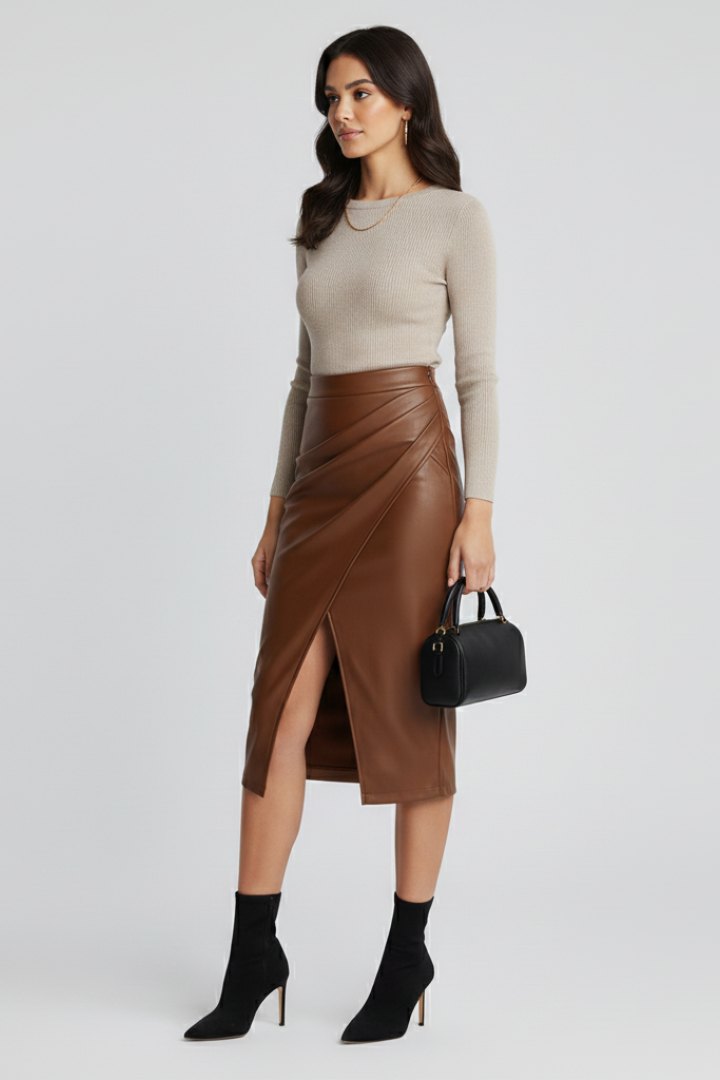 Elegant Pleated Midi Skirt for Women with Front Split High Waist Sleek Tailored Style