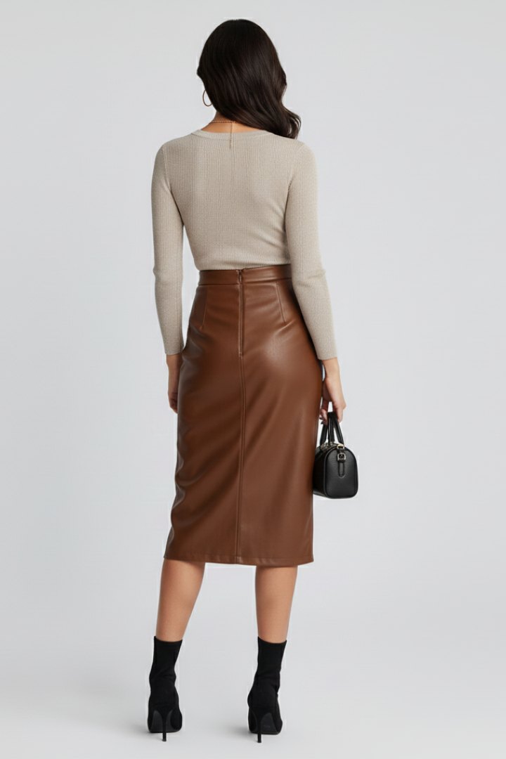 Elegant Pleated Midi Skirt for Women with Front Split High Waist Sleek Tailored Style
