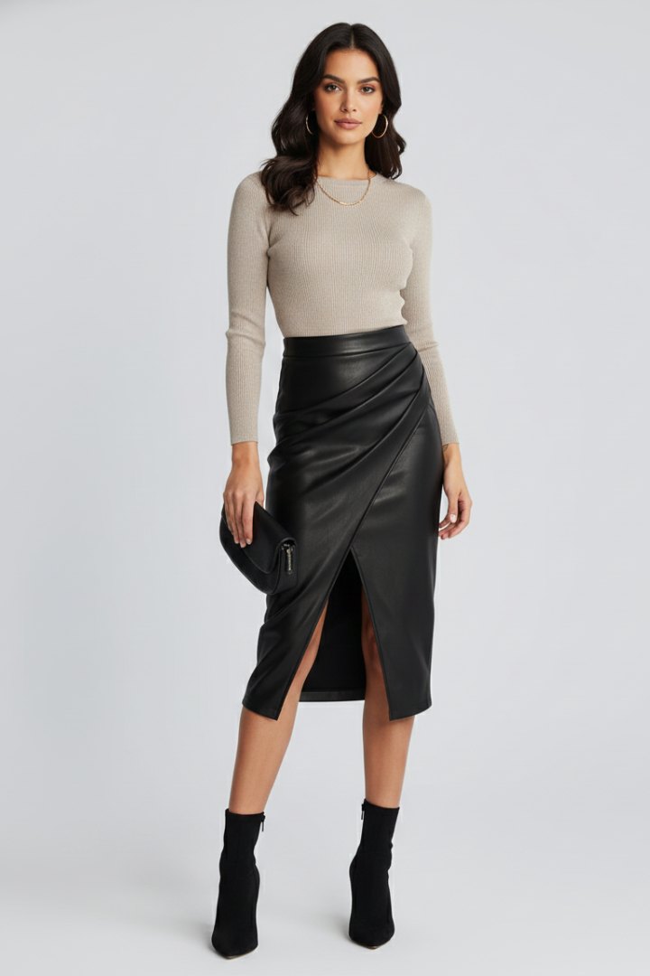 Elegant Pleated Midi Skirt for Women with Front Split High Waist Sleek Tailored Style