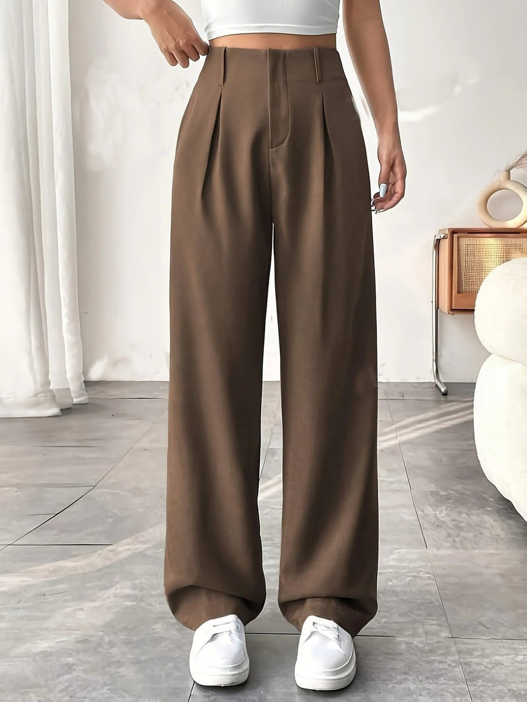 Elegant Pleated Wide Leg Pants for Women with High Waist Belt Loop Tailored Waistband Style