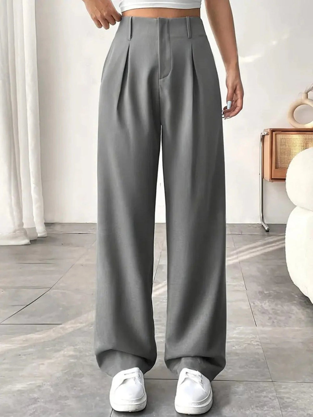 Elegant Pleated Wide Leg Pants for Women with High Waist Belt Loop Tailored Waistband Style