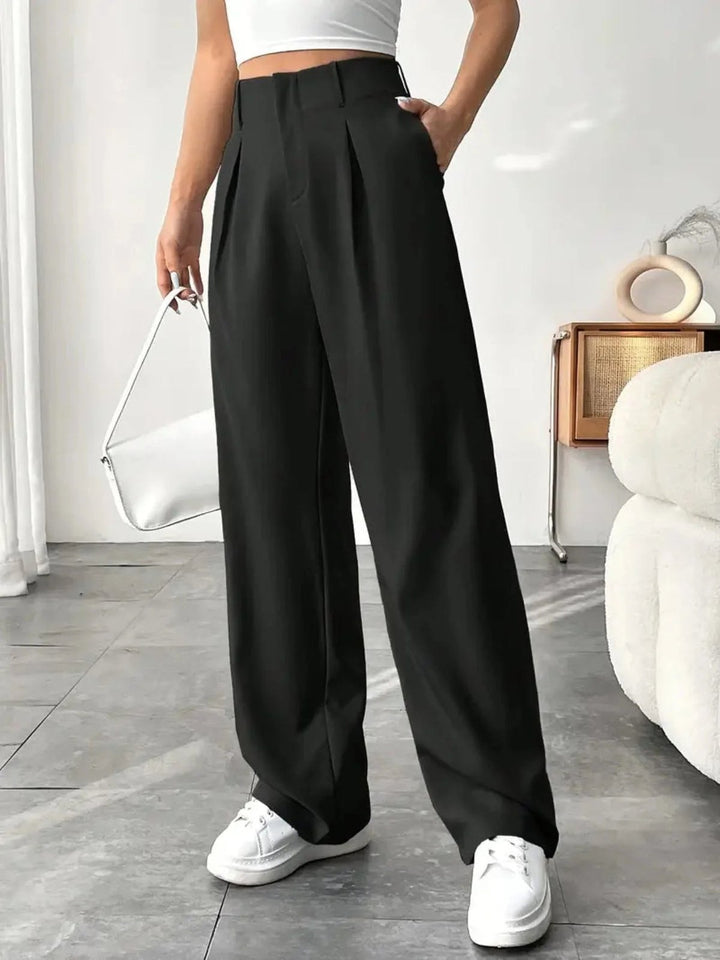 Elegant Pleated Wide Leg Pants for Women with High Waist Belt Loop Tailored Waistband Style