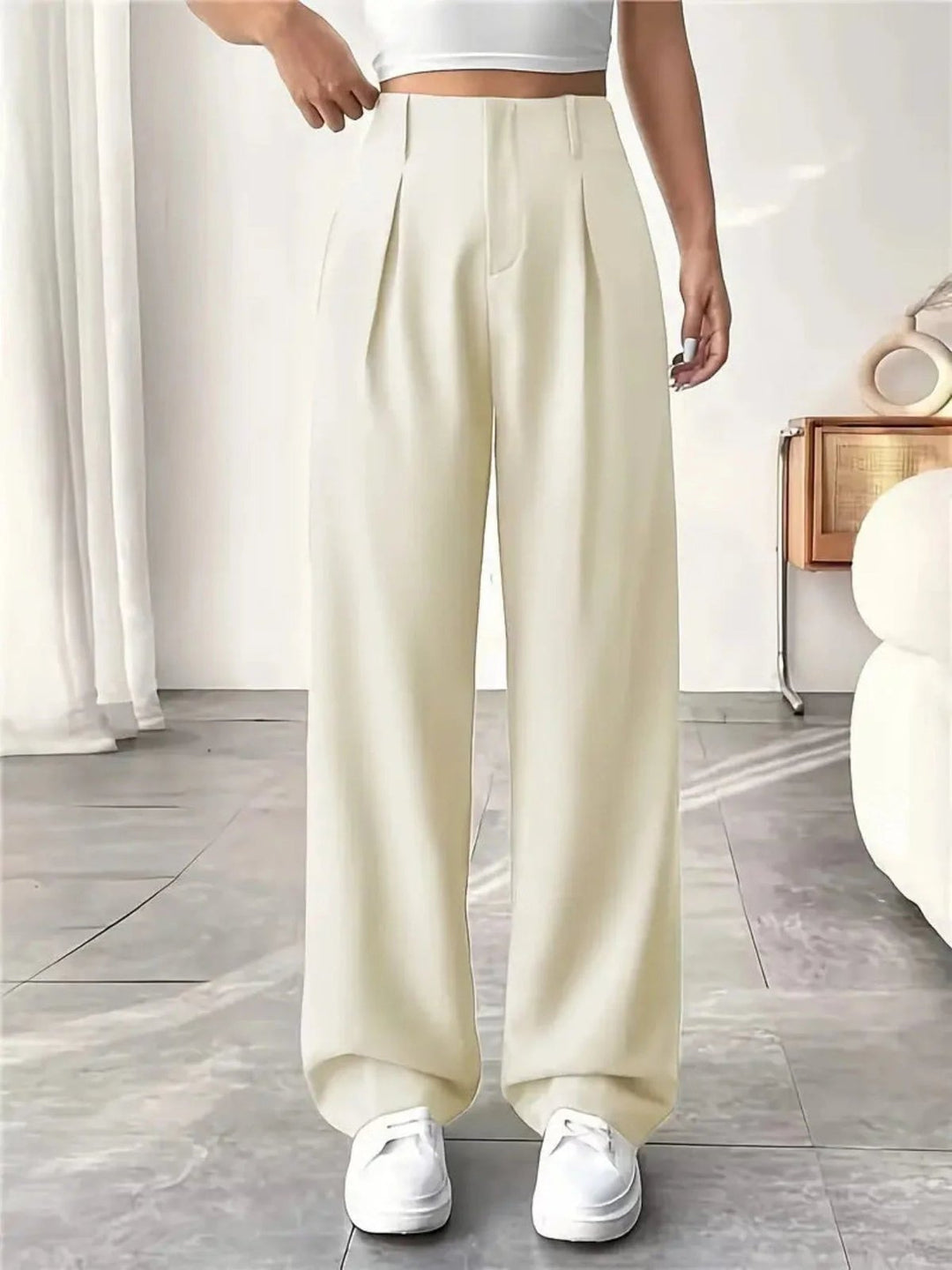 Elegant Pleated Wide Leg Pants for Women with High Waist Belt Loop Tailored Waistband Style