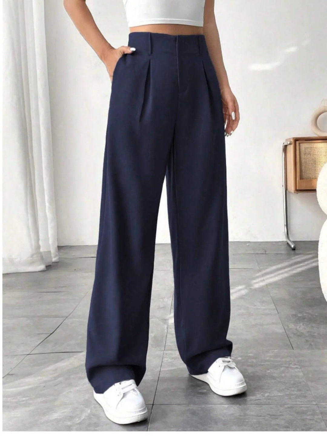Elegant Pleated Wide Leg Pants for Women with High Waist Belt Loop Tailored Waistband Style