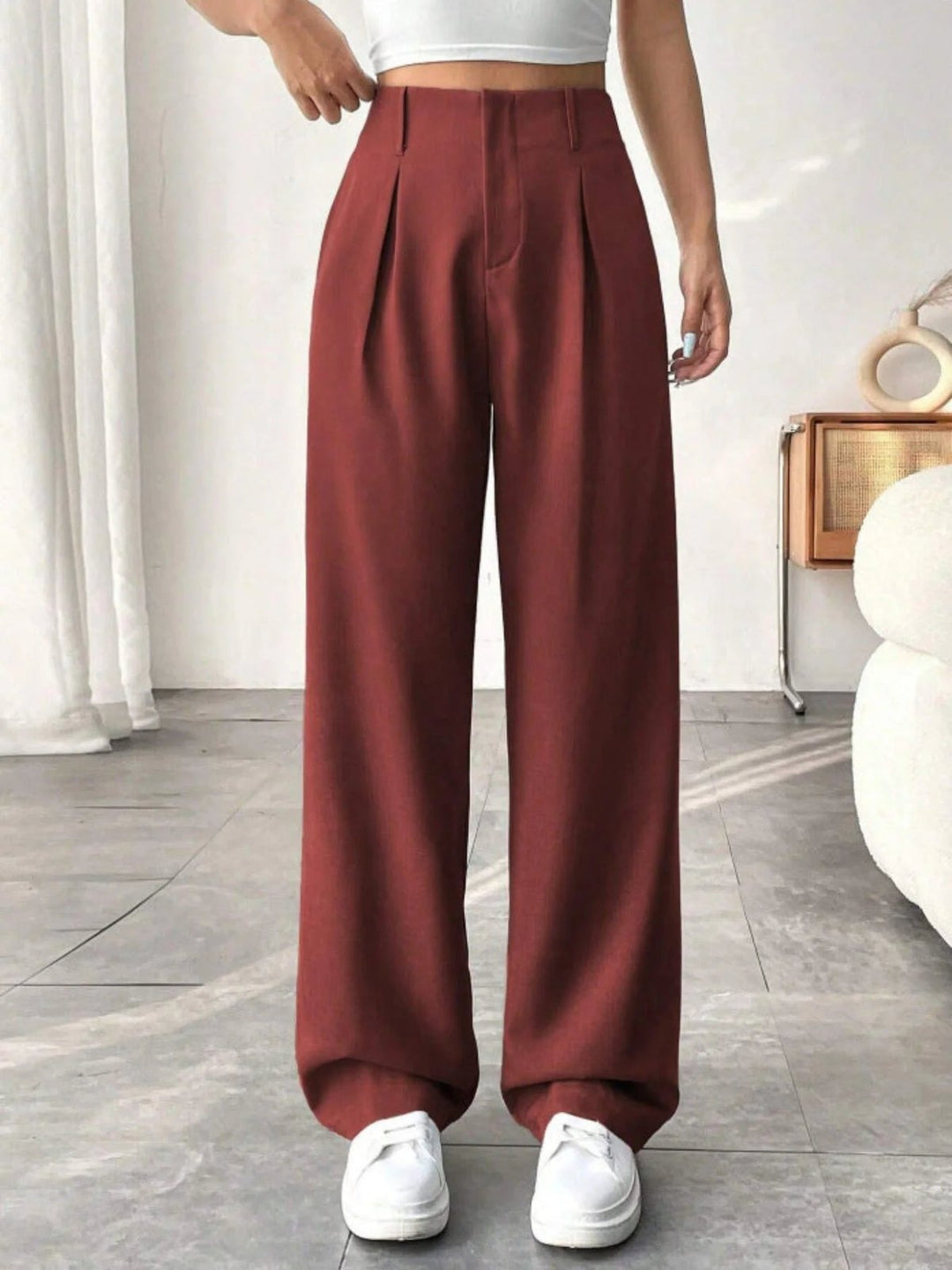 Elegant Pleated Wide Leg Pants for Women with High Waist Belt Loop Tailored Waistband Style