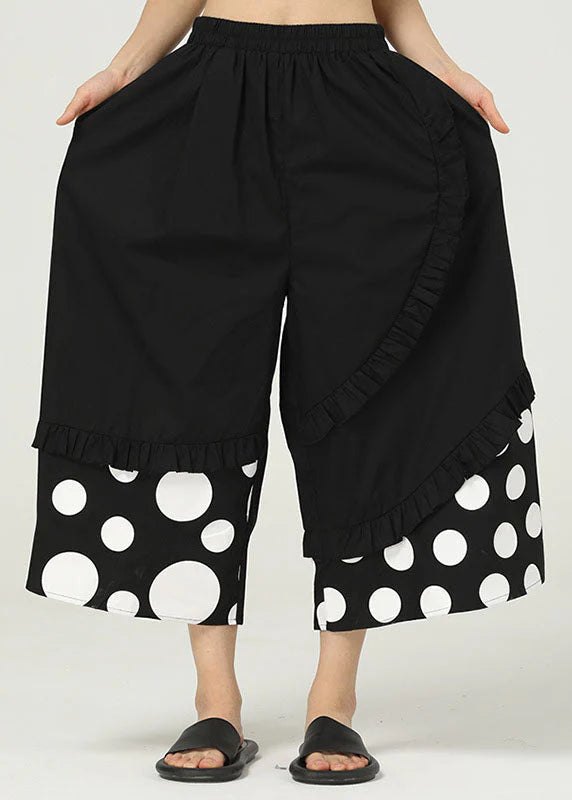 Elegant Polka Dot Wide Leg Pants for Women with Ruffled Hem Cotton Elastic Waist Cropped Style