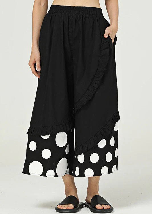 Elegant Polka Dot Wide Leg Pants for Women with Ruffled Hem Cotton Elastic Waist Cropped Style