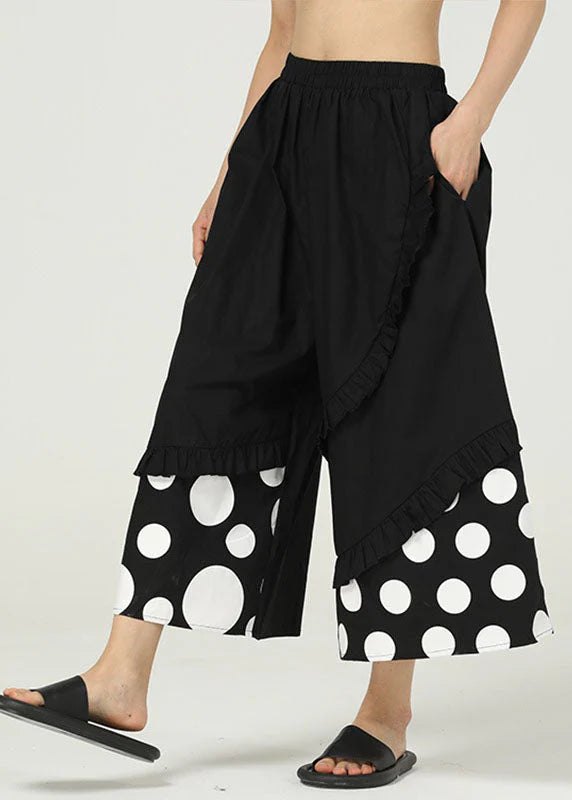 Elegant Polka Dot Wide Leg Pants for Women with Ruffled Hem Cotton Elastic Waist Cropped Style