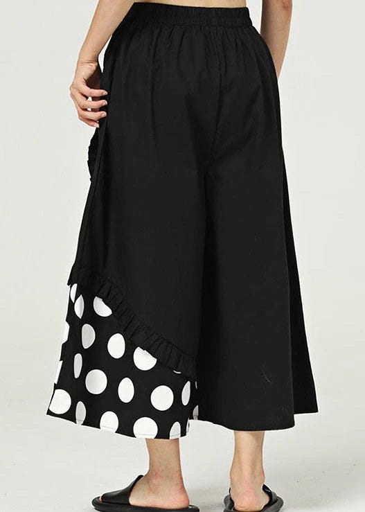 Elegant Polka Dot Wide Leg Pants for Women with Ruffled Hem Cotton Elastic Waist Cropped Style