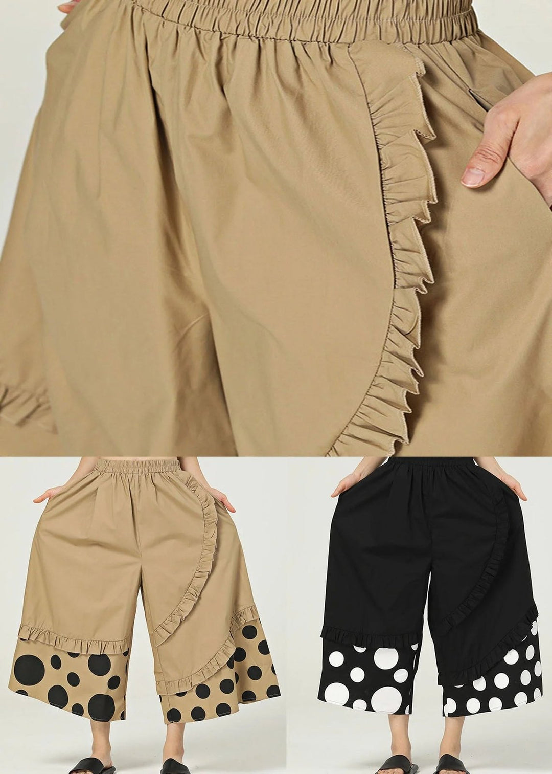 Elegant Polka Dot Wide Leg Pants for Women with Ruffled Hem Cotton Elastic Waist Cropped Style
