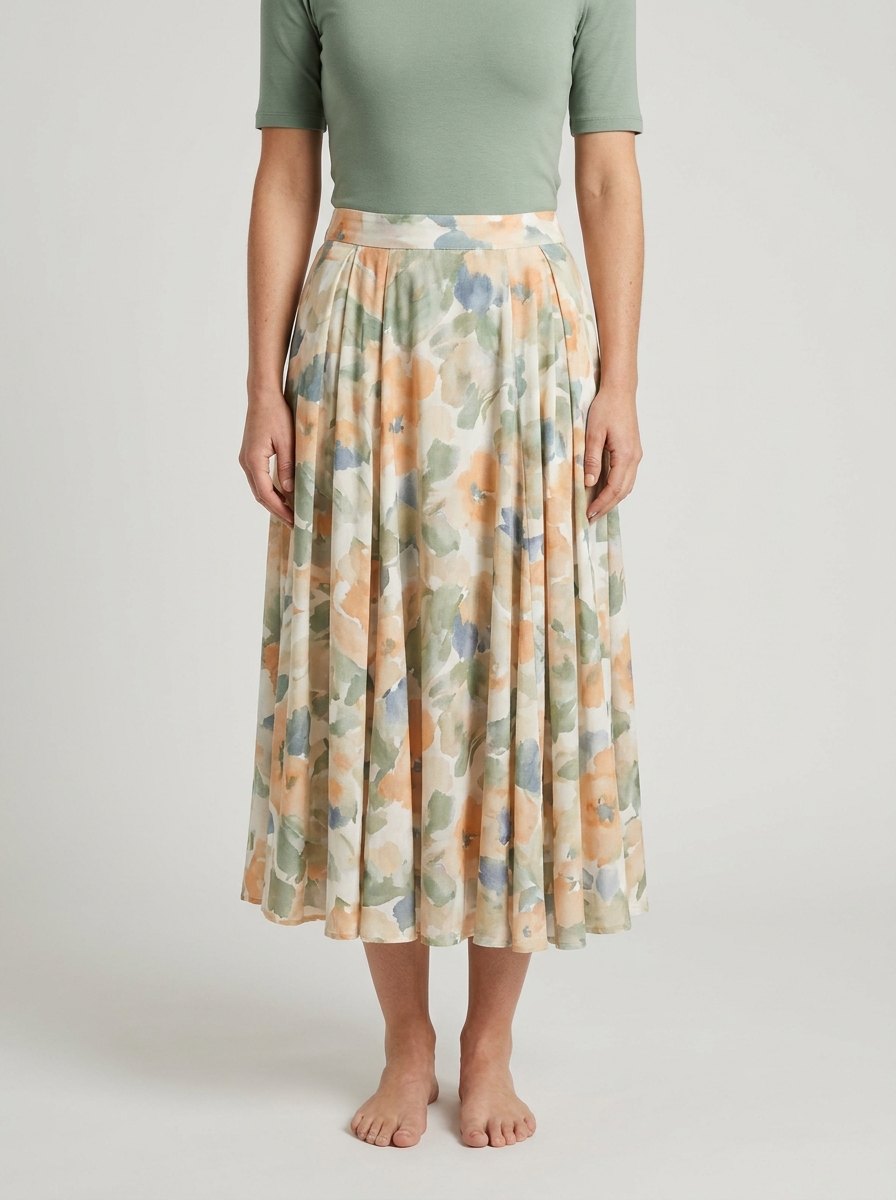 Elegant Printed Pleated Midi Skirt for Women with Fitted Waist Flowing Volume Watercolor Style