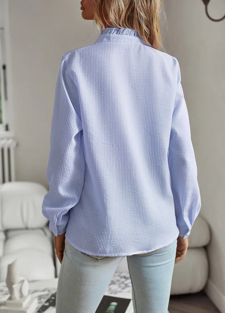 Elegant Ruffled Long Sleeve Blouse for Women with Button Front Delicate Detail Feminine Style
