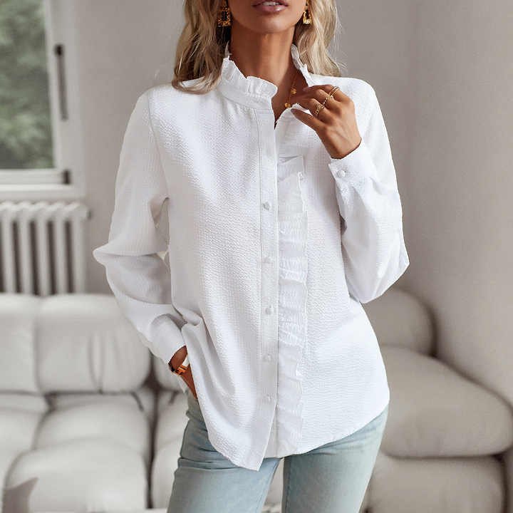 Elegant Ruffled Long Sleeve Blouse for Women with Button Front Delicate Detail Feminine Style