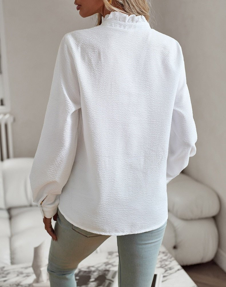 Elegant Ruffled Long Sleeve Blouse for Women with Button Front Delicate Detail Feminine Style