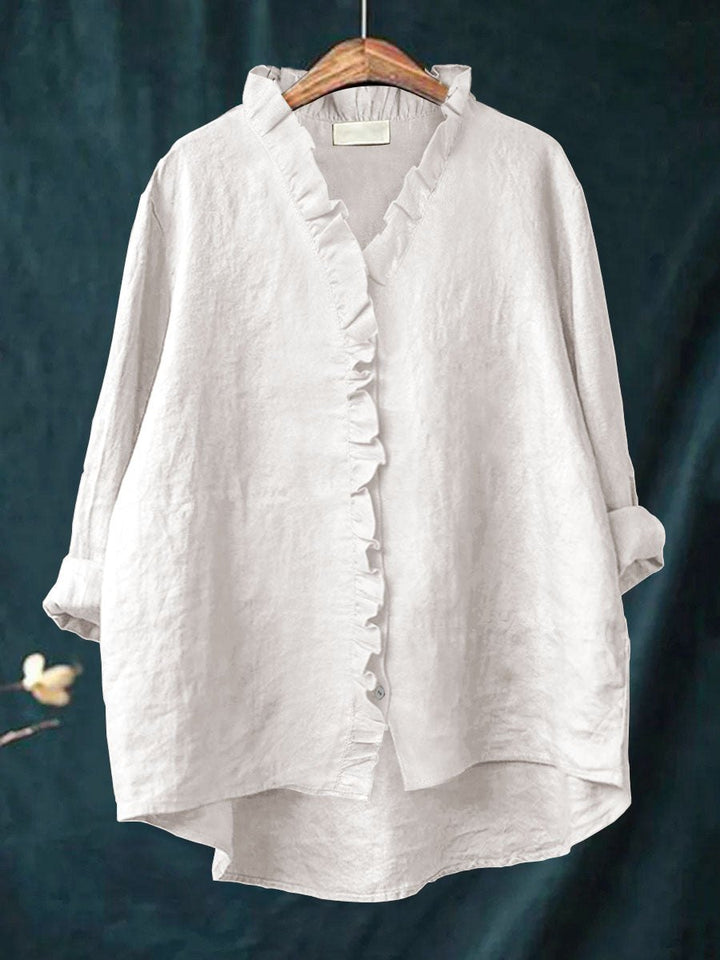 Elegant Ruffled Tunic Shirt for Women with Soft Ruffle Detail Refined Relaxed Everyday Style