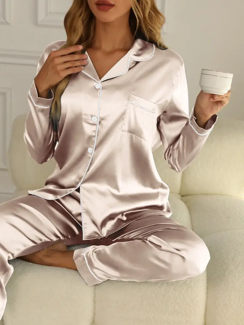 Elegant Satin Pajama Set for Women with Smooth Finish Two Piece Relaxed Sleepwear Style