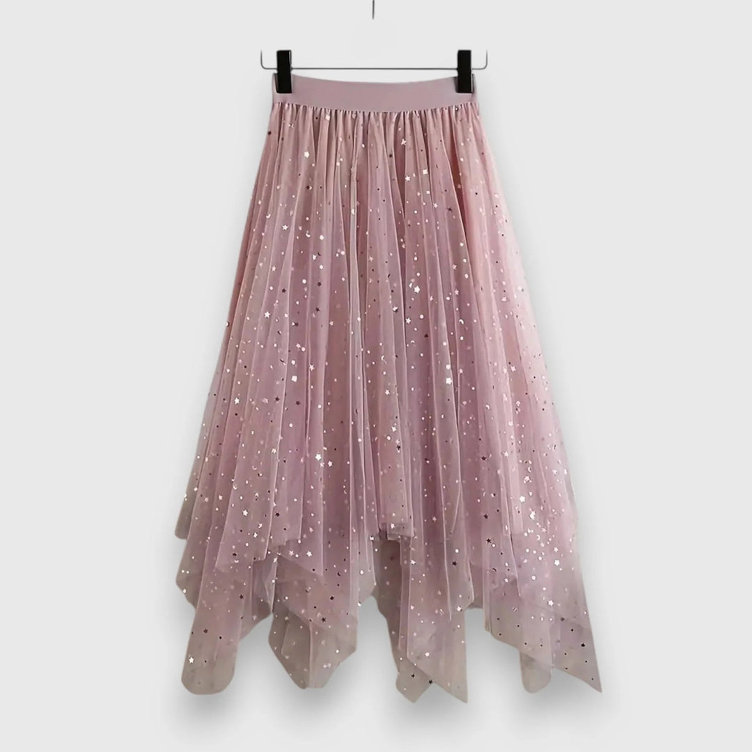 Elegant Sequin Tulle Midi Skirt for Women with Layered Overlay Asymmetric Hem Elastic Waist Style
