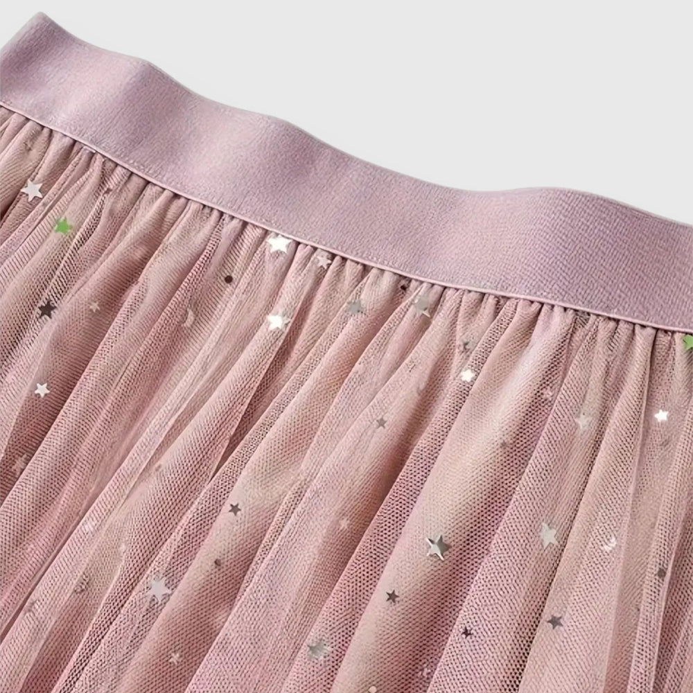 Elegant Sequin Tulle Midi Skirt for Women with Layered Overlay Asymmetric Hem Elastic Waist Style