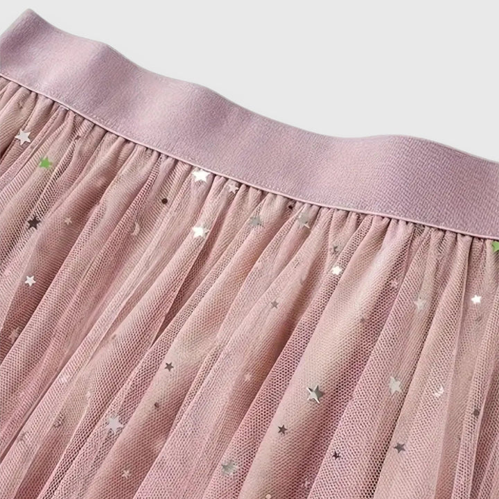 Elegant Sequin Tulle Midi Skirt for Women with Layered Overlay Asymmetric Hem Elastic Waist Style