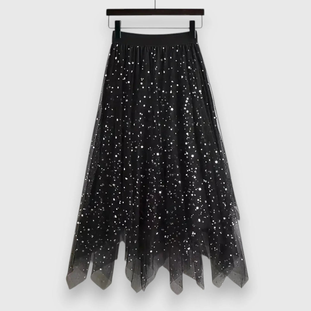 Elegant Sequin Tulle Midi Skirt for Women with Layered Overlay Asymmetric Hem Elastic Waist Style