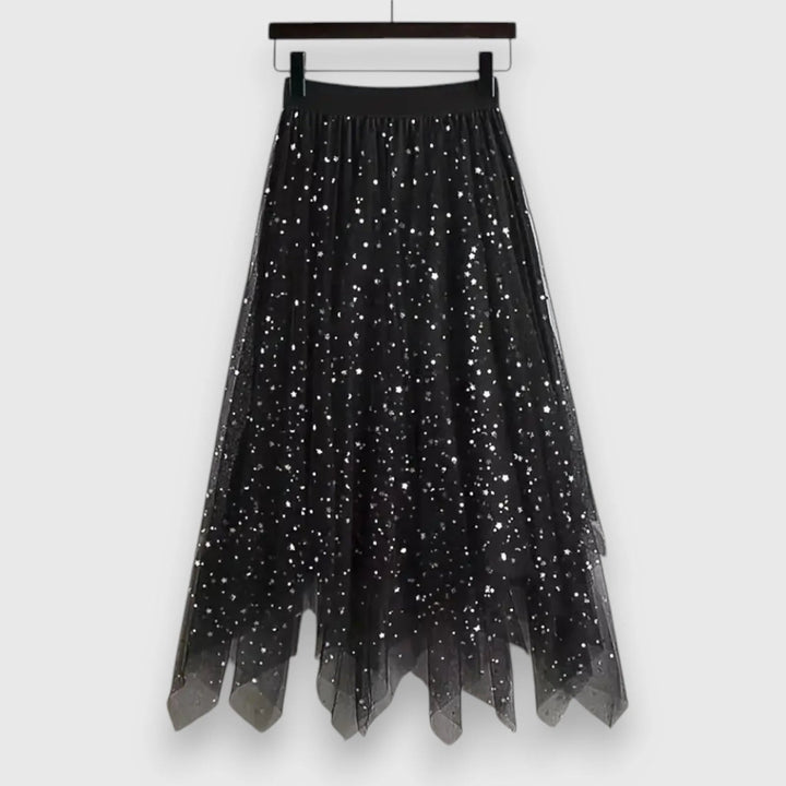 Elegant Sequin Tulle Midi Skirt for Women with Layered Overlay Asymmetric Hem Elastic Waist Style