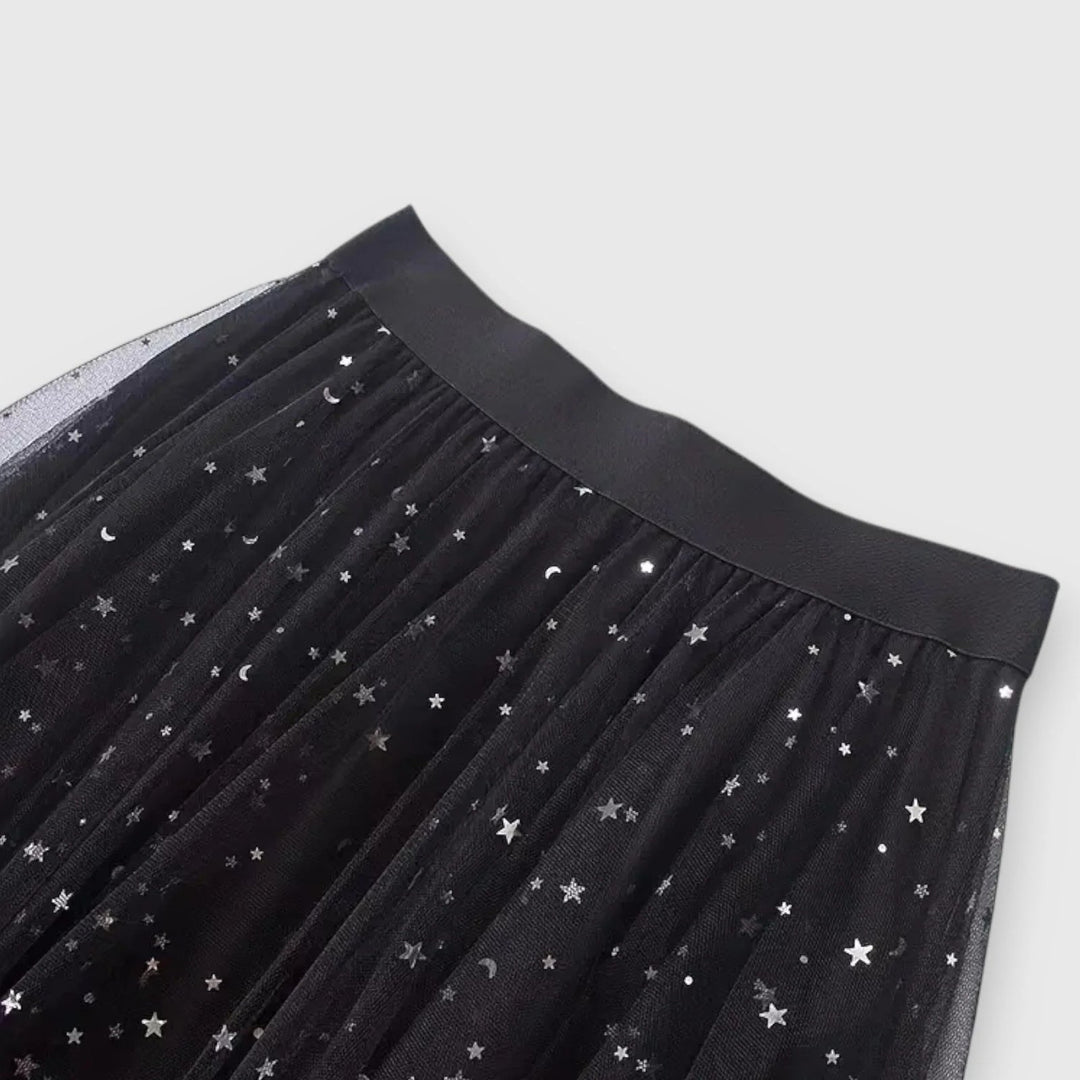 Elegant Sequin Tulle Midi Skirt for Women with Layered Overlay Asymmetric Hem Elastic Waist Style