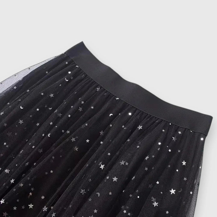 Elegant Sequin Tulle Midi Skirt for Women with Layered Overlay Asymmetric Hem Elastic Waist Style
