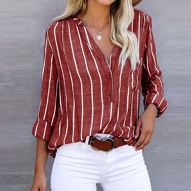Elegant Striped Long Sleeve Shirt for Women with Button Front Vertical Stripe Linen Style
