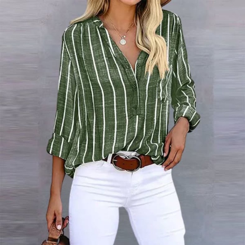 Elegant Striped Long Sleeve Shirt for Women with Button Front Vertical Stripe Linen Style