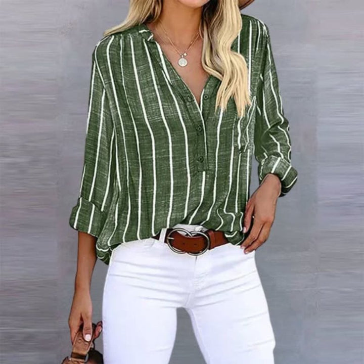 Elegant Striped Long Sleeve Shirt for Women with Button Front Vertical Stripe Linen Style