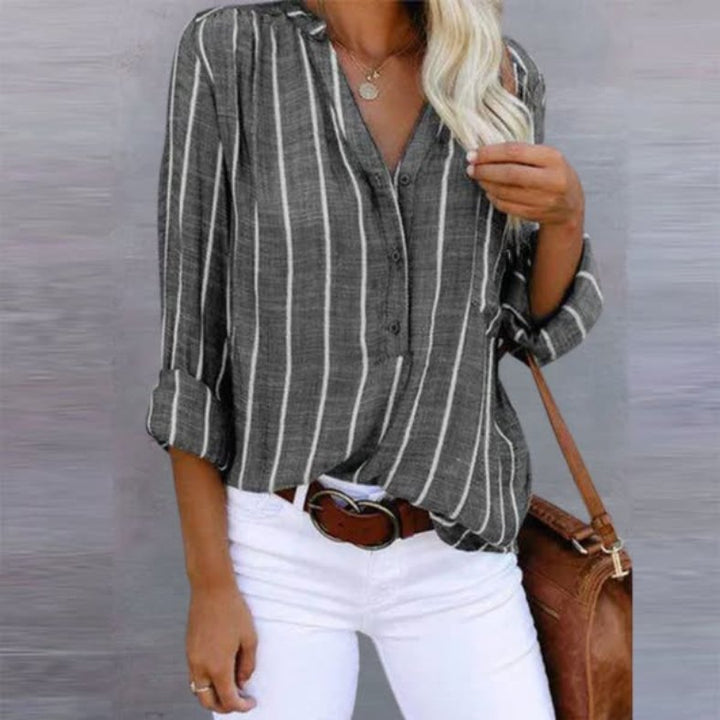 Elegant Striped Long Sleeve Shirt for Women with Button Front Vertical Stripe Linen Style